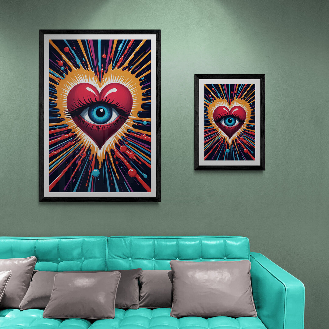 In a striking and surreal composition, the picture features a spasmodically moving eye embedded within a heart. The artwork combines elements of both anatomical precision and abstract expressionism, creating a visually arresting and thought-provoking image.