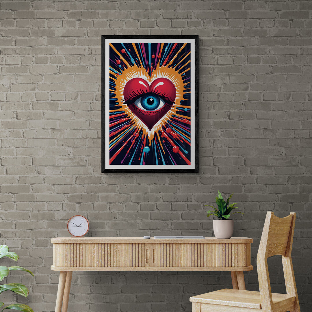 In a striking and surreal composition, the picture features a spasmodically moving eye embedded within a heart. The artwork combines elements of both anatomical precision and abstract expressionism, creating a visually arresting and thought-provoking image.