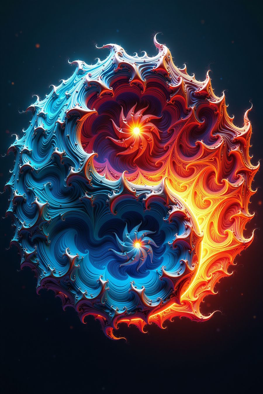 The image displays a stunning, intricate design that resembles a swirling, abstract yin-yang symbol. It is composed of vibrant, flowing patterns that intertwine two contrasting halves, symbolizing balance between opposing forces.&nbsp;