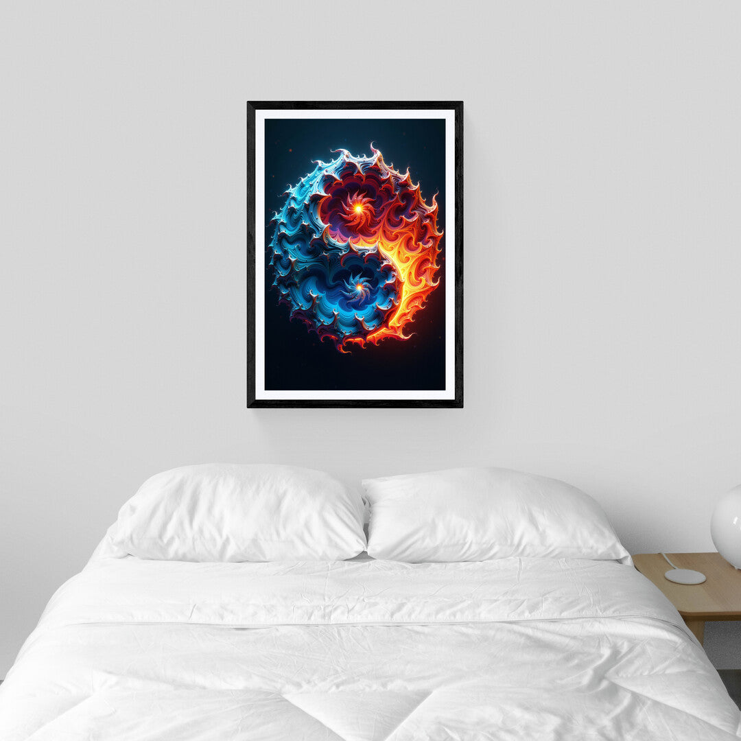 The image displays a stunning, intricate design that resembles a swirling, abstract yin-yang symbol. It is composed of vibrant, flowing patterns that intertwine two contrasting halves, symbolizing balance between opposing forces.&nbsp;