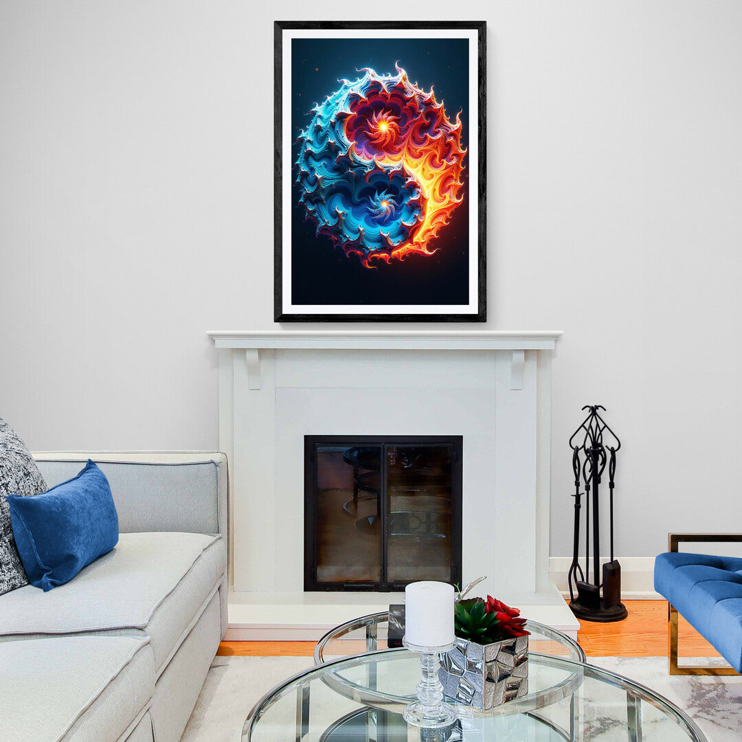 The image displays a stunning, intricate design that resembles a swirling, abstract yin-yang symbol. It is composed of vibrant, flowing patterns that intertwine two contrasting halves, symbolizing balance between opposing forces.&nbsp;