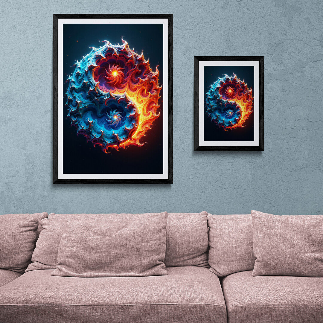 The image displays a stunning, intricate design that resembles a swirling, abstract yin-yang symbol. It is composed of vibrant, flowing patterns that intertwine two contrasting halves, symbolizing balance between opposing forces.&nbsp;