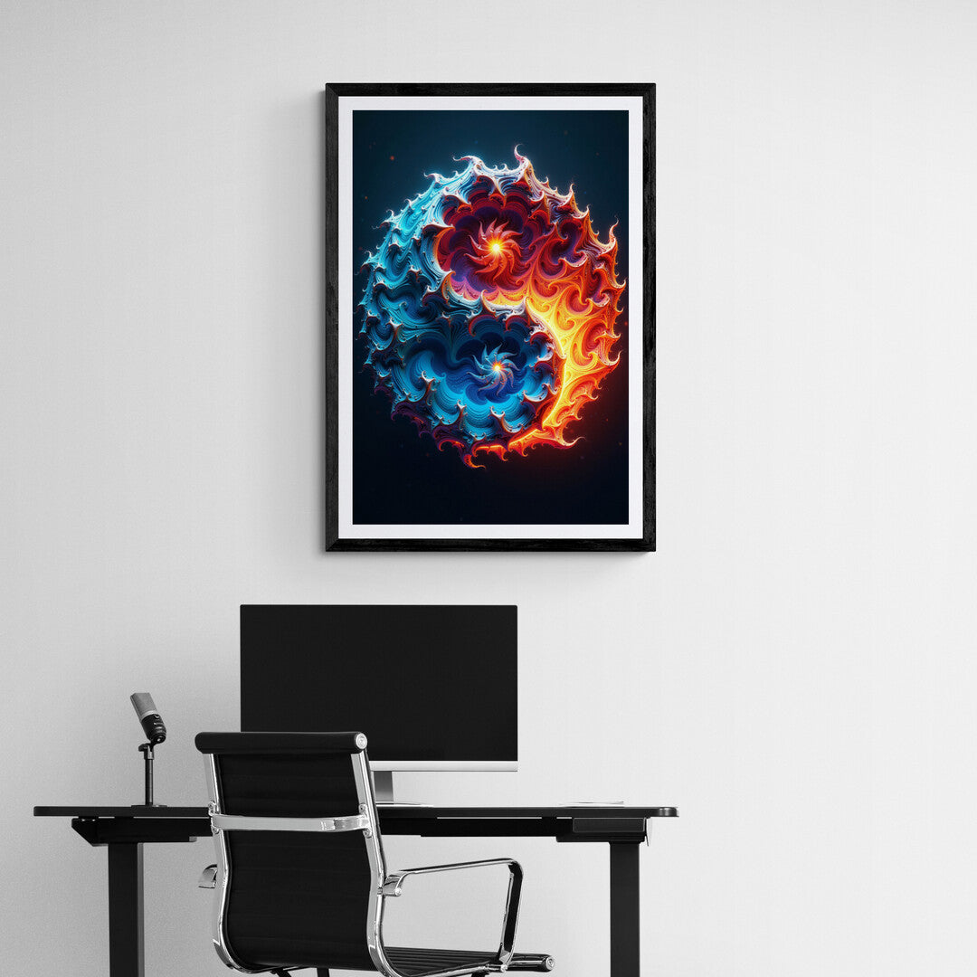 The image displays a stunning, intricate design that resembles a swirling, abstract yin-yang symbol. It is composed of vibrant, flowing patterns that intertwine two contrasting halves, symbolizing balance between opposing forces.&nbsp;