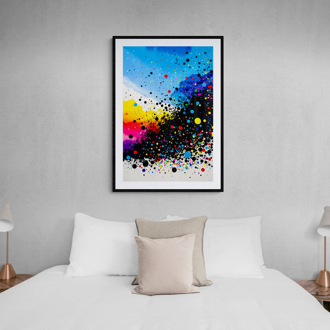 In a lively and dynamic scene, an image filled with splattered confetti-like dots bursts with energy and color. This abstract composition captures the joy and spontaneity of a celebration, creating a visual feast that is both playful and captivating.