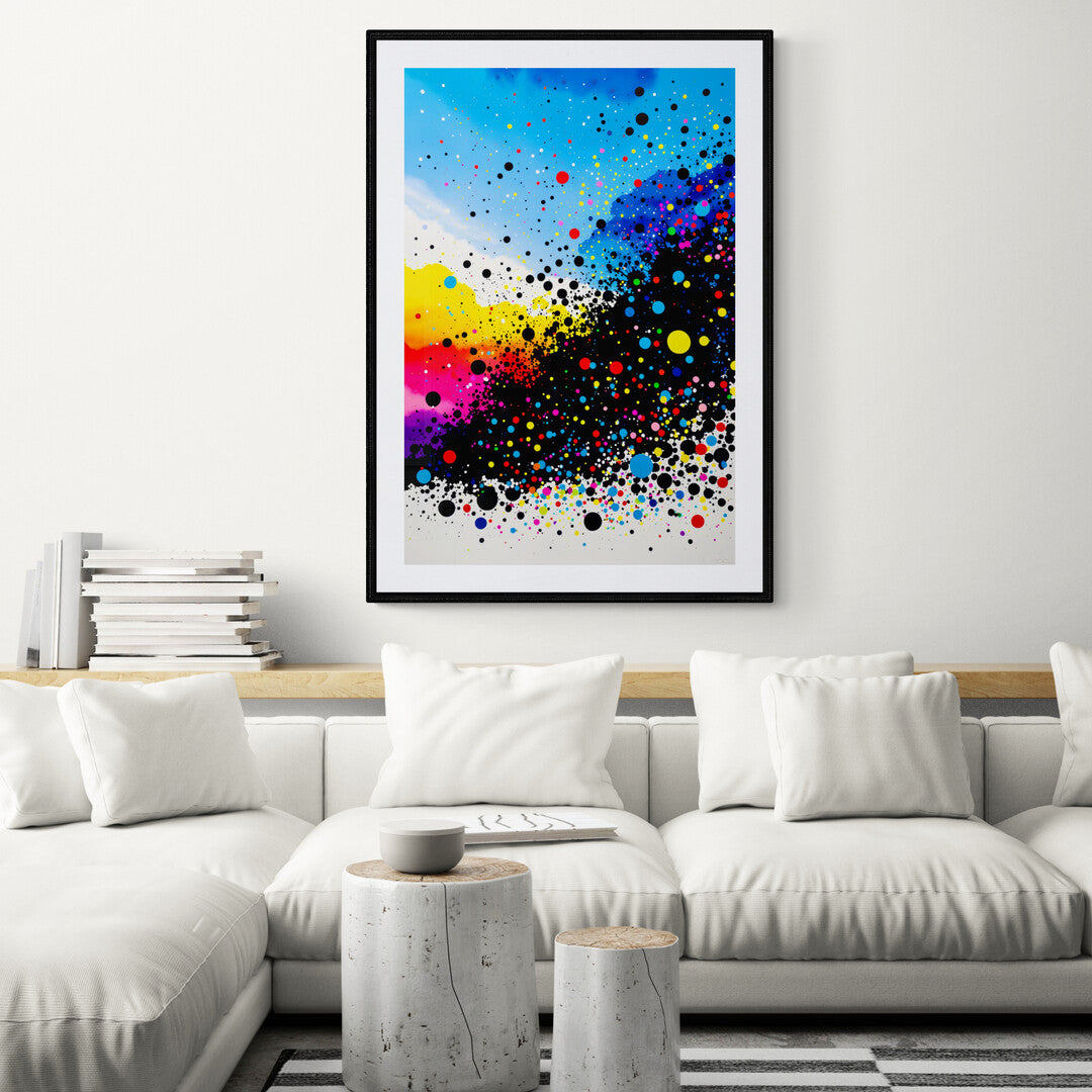 In a lively and dynamic scene, an image filled with splattered confetti-like dots bursts with energy and color. This abstract composition captures the joy and spontaneity of a celebration, creating a visual feast that is both playful and captivating.