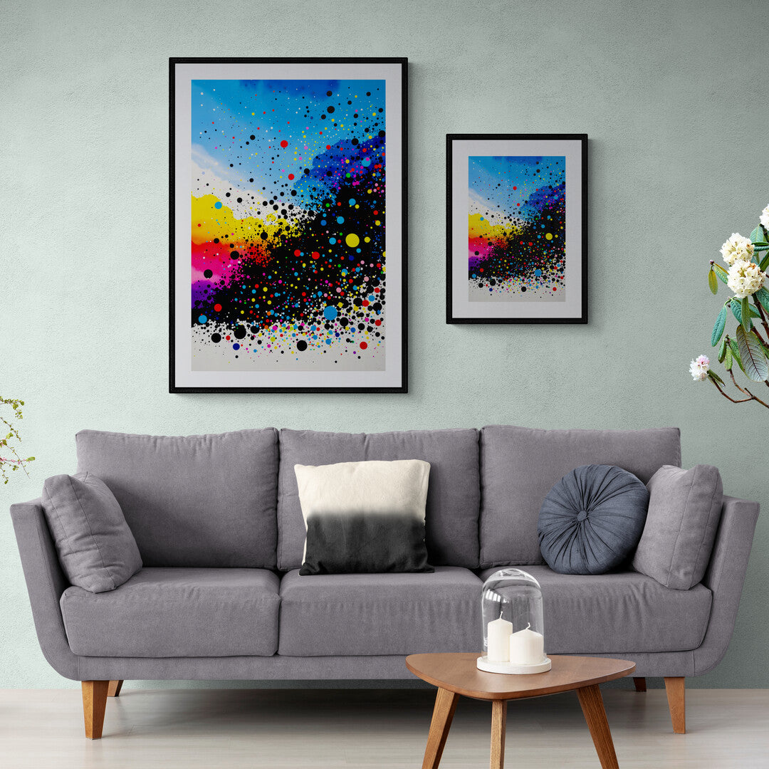 In a lively and dynamic scene, an image filled with splattered confetti-like dots bursts with energy and color. This abstract composition captures the joy and spontaneity of a celebration, creating a visual feast that is both playful and captivating.