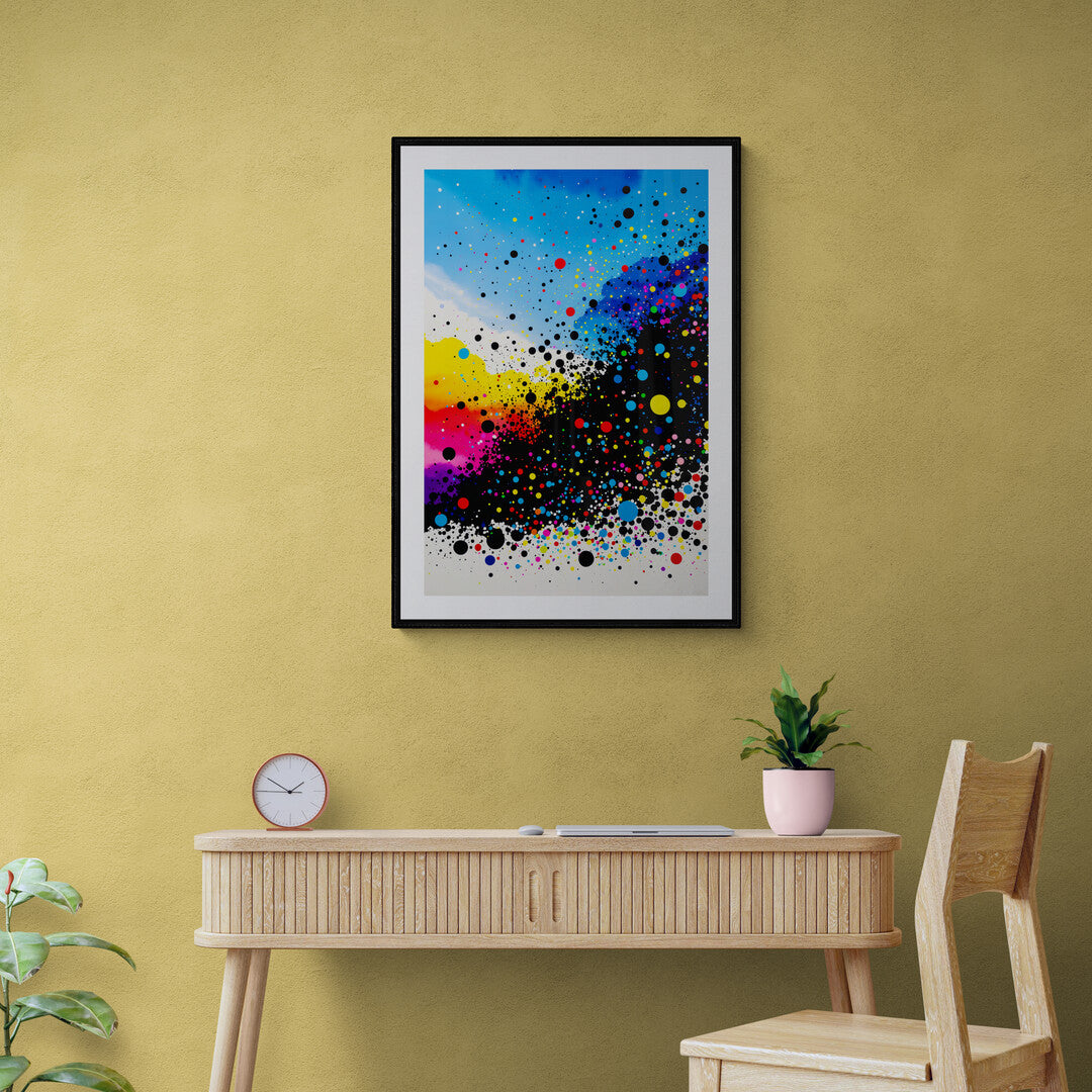 In a lively and dynamic scene, an image filled with splattered confetti-like dots bursts with energy and color. This abstract composition captures the joy and spontaneity of a celebration, creating a visual feast that is both playful and captivating.