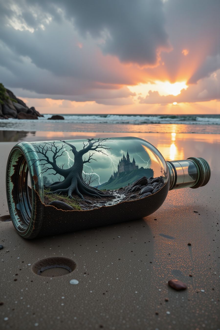 Storm in a Bottle wall art featuring a castle, barren tree, and lightning inside a glass bottle on a sandy beach at sunset