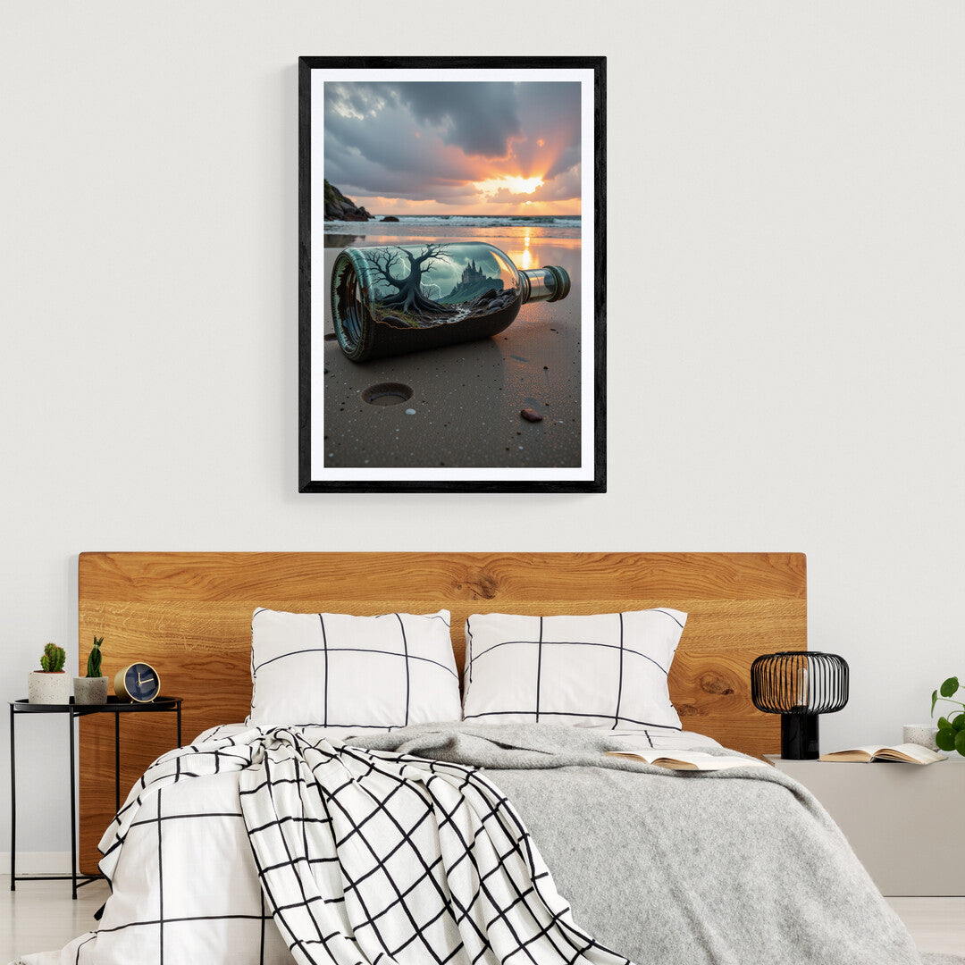 Captivating wall art with a miniature world of a stormy sky, castle, and tree inside a bottle against a beach sunset backdrop