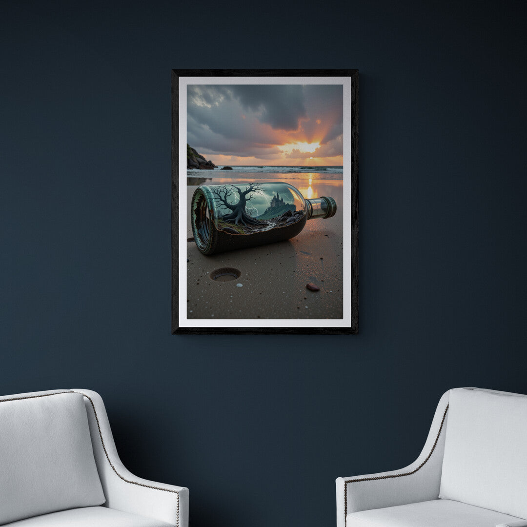 Premium art print of a surreal landscape with a stormy castle scene enclosed in a glass bottle, perfect for home decor