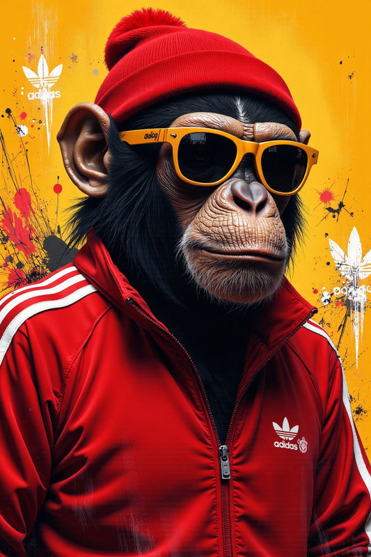 The image features a chimpanzee dressed in a trendy and urban streetwear style. The chimpanzee is depicted wearing a red Adidas track jacket with white stripes running down the sleeves, showcasing the brand's iconic logo on the left side of the chest. The vibrant red jacket contrasts strongly with the chimp's natural dark fur, creating a bold and eye-catching effect.