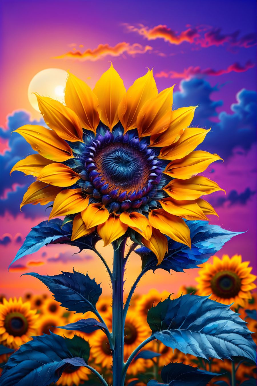 In a captivating and serene composition, the picture features a sunflower set against a backdrop of a purple-blue sunset. The artwork captures the beauty of nature in a harmonious blend of vibrant colors and natural elements.