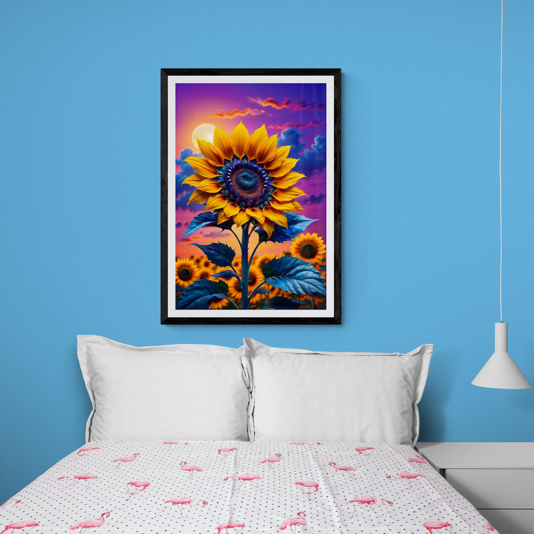 In a captivating and serene composition, the picture features a sunflower set against a backdrop of a purple-blue sunset. The artwork captures the beauty of nature in a harmonious blend of vibrant colors and natural elements.