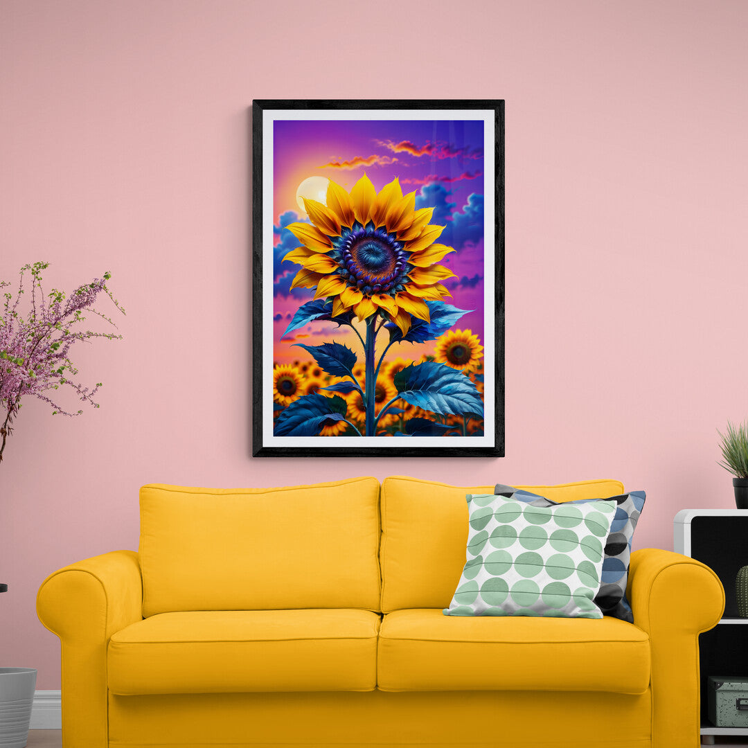 In a captivating and serene composition, the picture features a sunflower set against a backdrop of a purple-blue sunset. The artwork captures the beauty of nature in a harmonious blend of vibrant colors and natural elements.