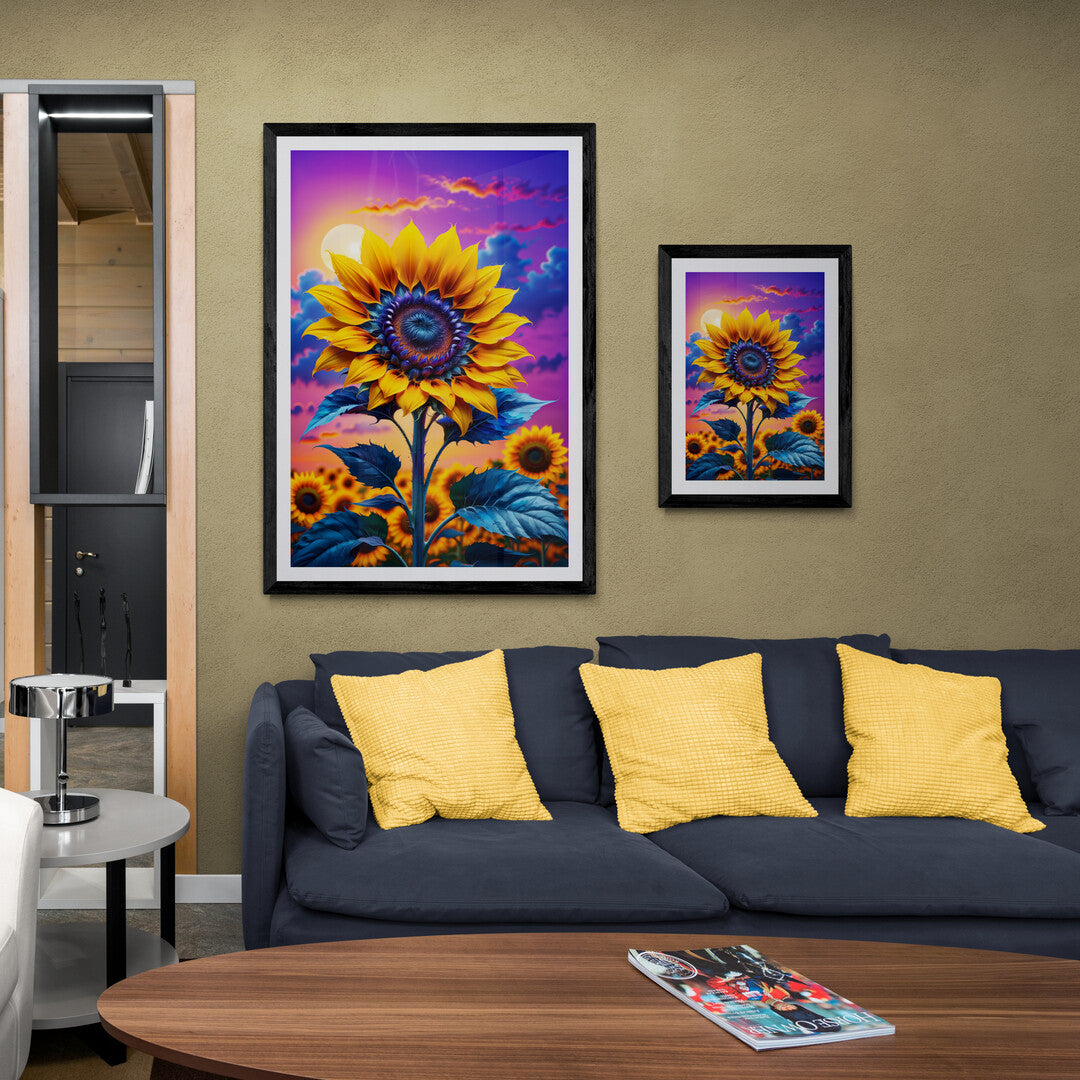 In a captivating and serene composition, the picture features a sunflower set against a backdrop of a purple-blue sunset. The artwork captures the beauty of nature in a harmonious blend of vibrant colors and natural elements.