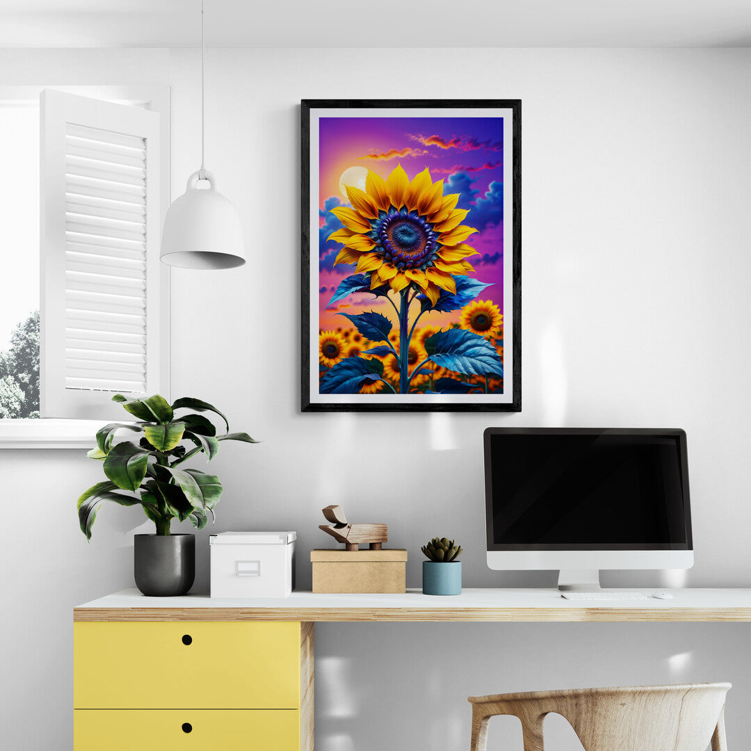 In a captivating and serene composition, the picture features a sunflower set against a backdrop of a purple-blue sunset. The artwork captures the beauty of nature in a harmonious blend of vibrant colors and natural elements.