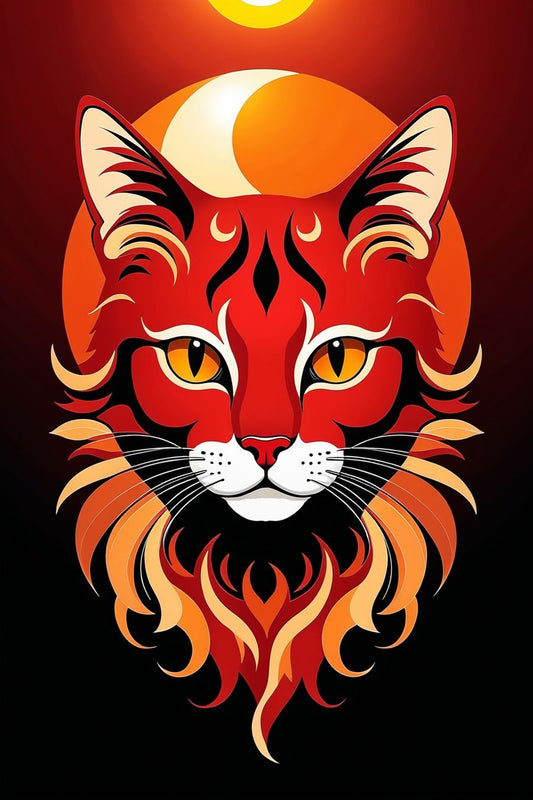 The picture presents a stylized image of a cat’s face, colored in a deep, vibrant red that resembles the hue of the setting sun. The cat’s face is depicted with sharp, expressive features, including piercing eyes that seem to glow with an inner light.