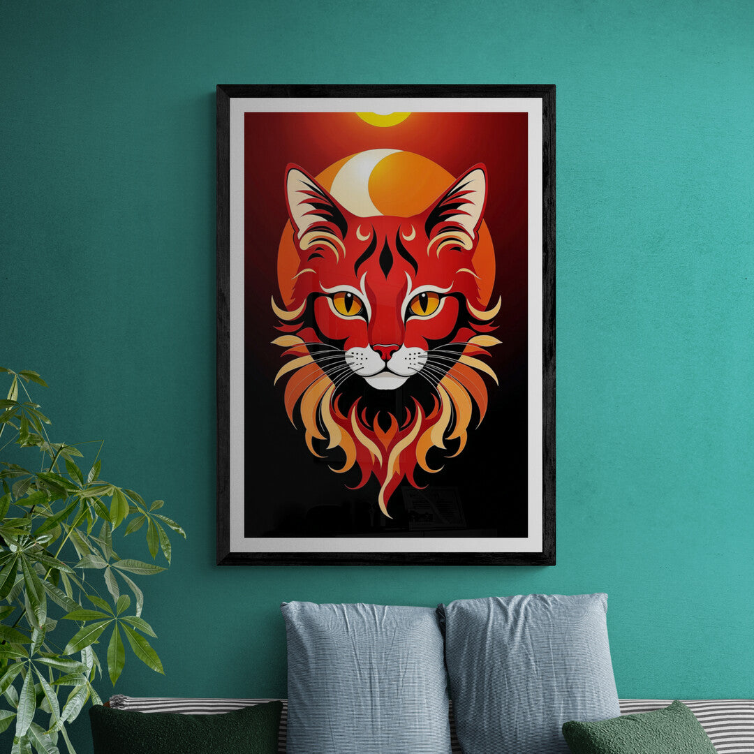 The picture presents a stylized image of a cat’s face, colored in a deep, vibrant red that resembles the hue of the setting sun. The cat’s face is depicted with sharp, expressive features, including piercing eyes that seem to glow with an inner light.