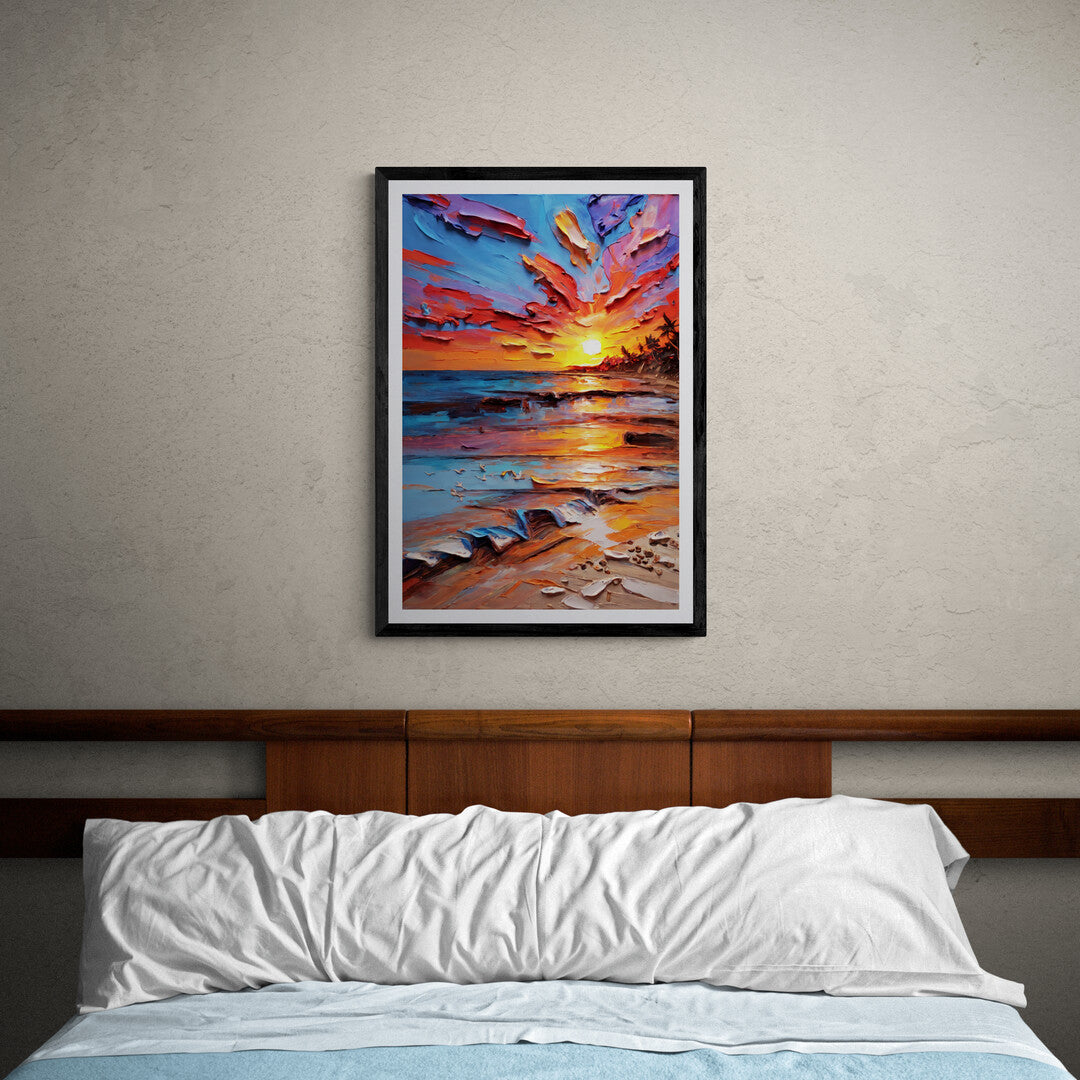 In a breathtaking and serene composition, the picture captures a sunset on the beach, showcasing the natural beauty and tranquility of the scene. The vibrant colors of the setting sun create a stunning contrast against the vast expanse of the ocean and the sandy shore.