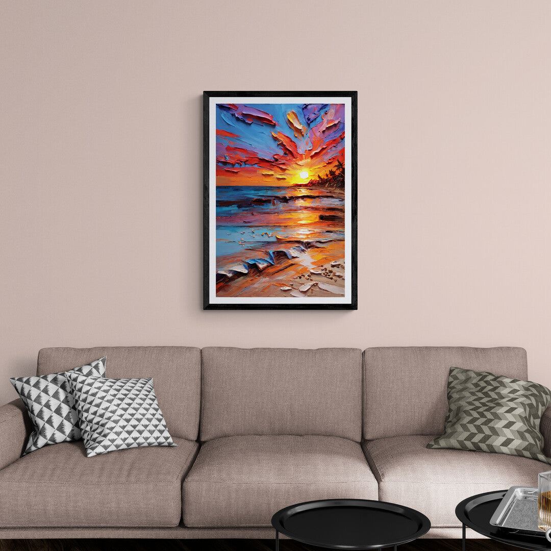 In a breathtaking and serene composition, the picture captures a sunset on the beach, showcasing the natural beauty and tranquility of the scene. The vibrant colors of the setting sun create a stunning contrast against the vast expanse of the ocean and the sandy shore.