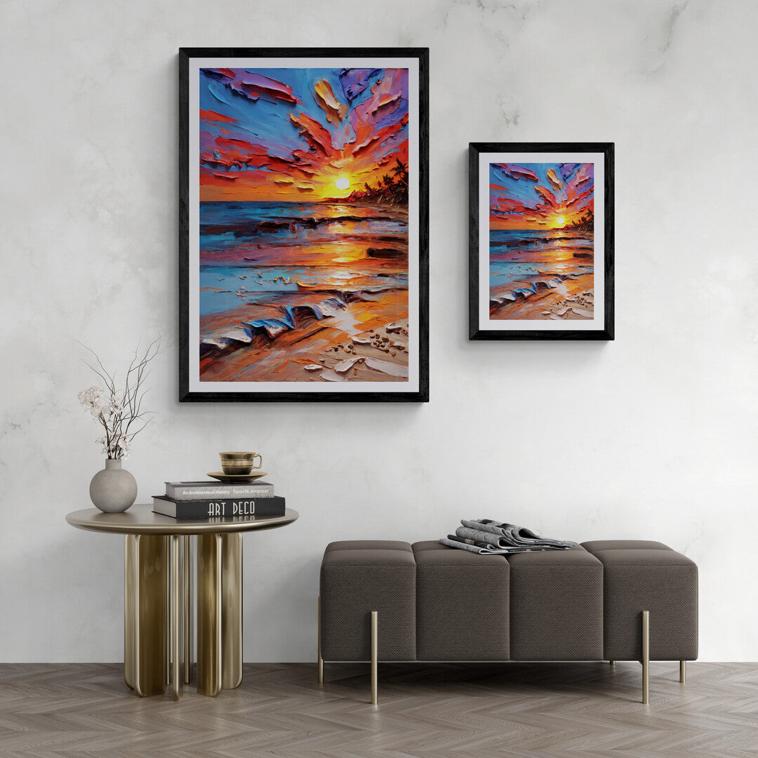 In a breathtaking and serene composition, the picture captures a sunset on the beach, showcasing the natural beauty and tranquility of the scene. The vibrant colors of the setting sun create a stunning contrast against the vast expanse of the ocean and the sandy shore.