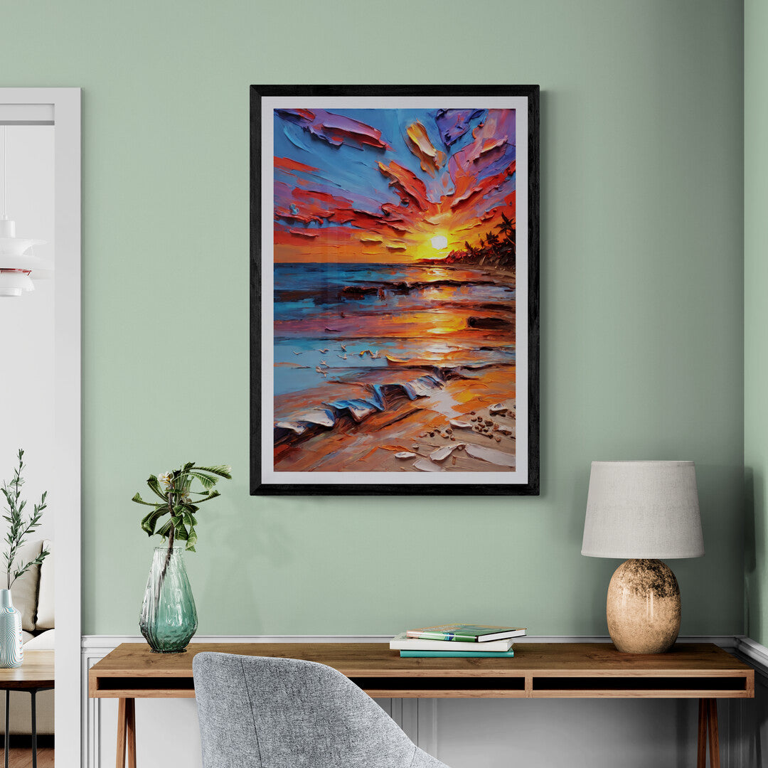 In a breathtaking and serene composition, the picture captures a sunset on the beach, showcasing the natural beauty and tranquility of the scene. The vibrant colors of the setting sun create a stunning contrast against the vast expanse of the ocean and the sandy shore.