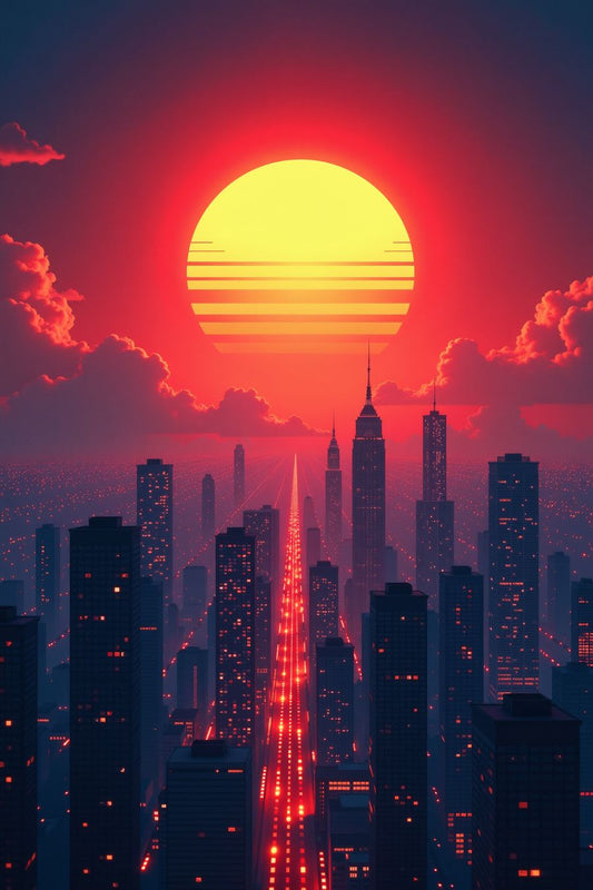 The image showcases a stylized cityscape during either sunset or sunrise. The skyline is silhouetted against a large, radiant sun that dominates the background. The sun features horizontal lines running across it, giving it a graphic design feel. Below the sun, the sky transitions from warm orange to pink hues, suggesting the time of day is either early morning or late evening.