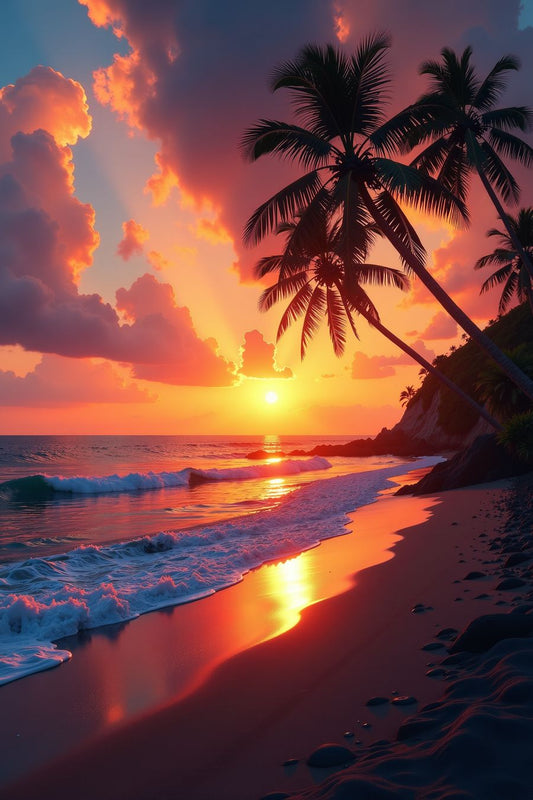 The image shows a beautiful beach scene at sunset. The sky is filled with clouds that are illuminated by the setting sun, casting a warm orange and pink glow. The sun is visible near the horizon over the ocean, reflecting on the water’s surface. There are palm trees on the right side of the image, and a rocky outcrop can be seen in the distance on the left. The beach itself appears to be sandy with gentle waves coming ashore.