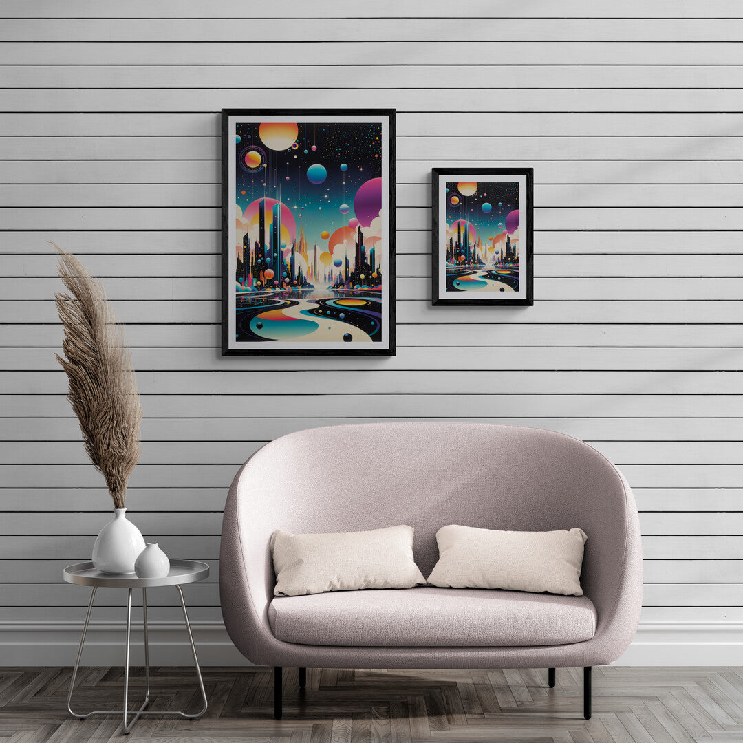 In a visually arresting and imaginative composition, the picture features a surreal abstract depiction of a futuristic cityscape. The artwork combines fantastical elements with striking architectural forms, creating a scene that is both otherworldly and captivating.