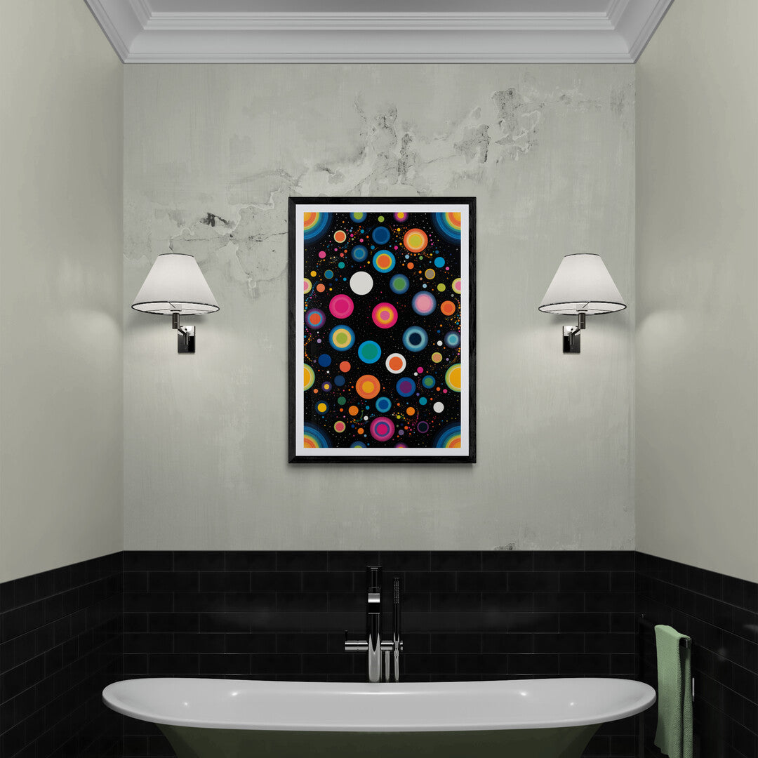In a dynamic and mesmerizing composition, the picture features swirling colorful dots set against a deep black background. The artwork creates a sense of movement and energy, drawing the viewer's eye into its vibrant display.