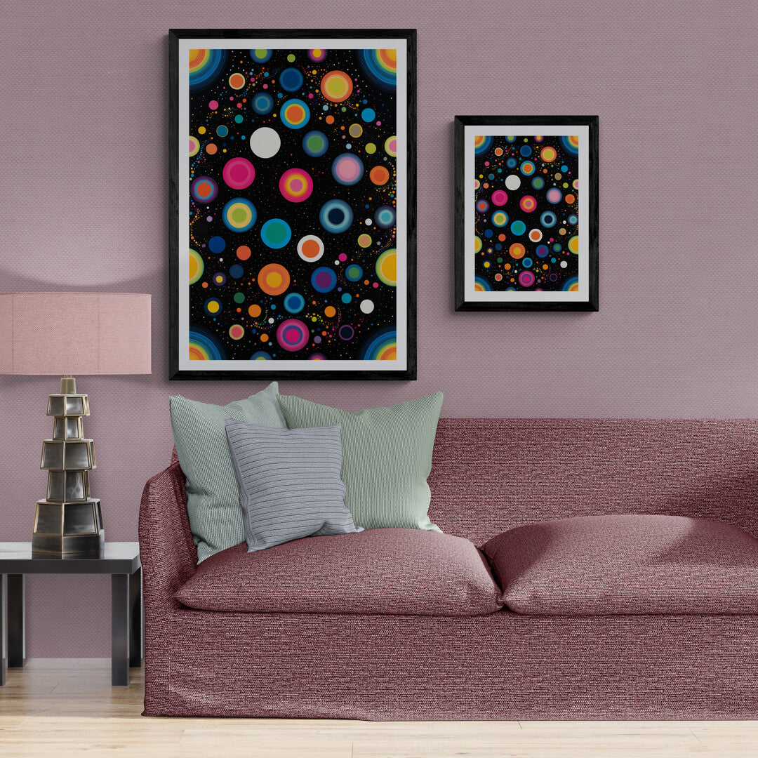 In a dynamic and mesmerizing composition, the picture features swirling colorful dots set against a deep black background. The artwork creates a sense of movement and energy, drawing the viewer's eye into its vibrant display.