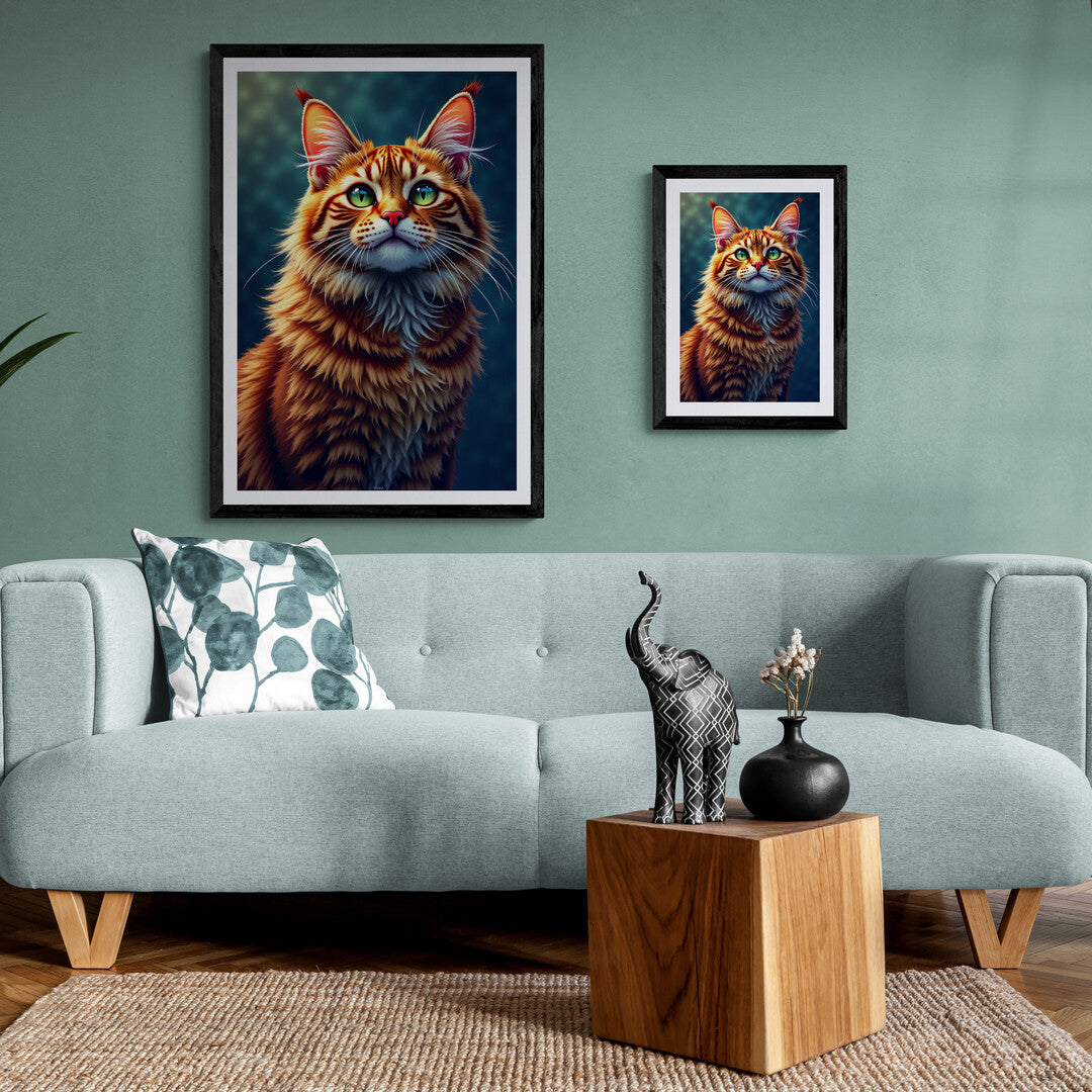 Elegant feline portrait featuring vibrant orange fur and captivating green eyes, perfect for home decor