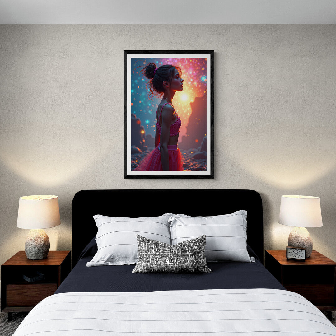 Dreamy night sky-inspired artwork featuring vibrant colors, ideal for posters and home decor accents.