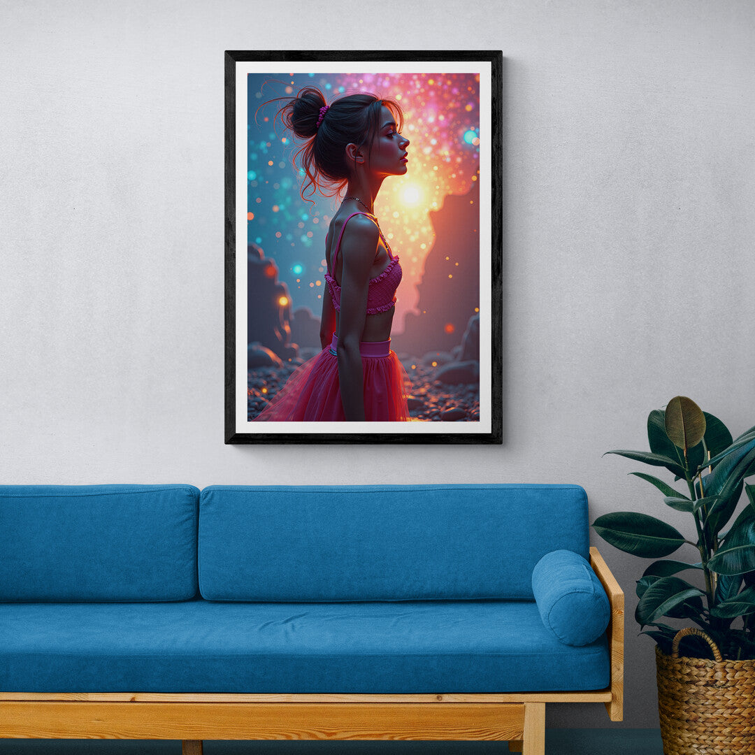 Vibrant abstract artwork for home decor, highlighting a silhouette against a glowing cosmic background.