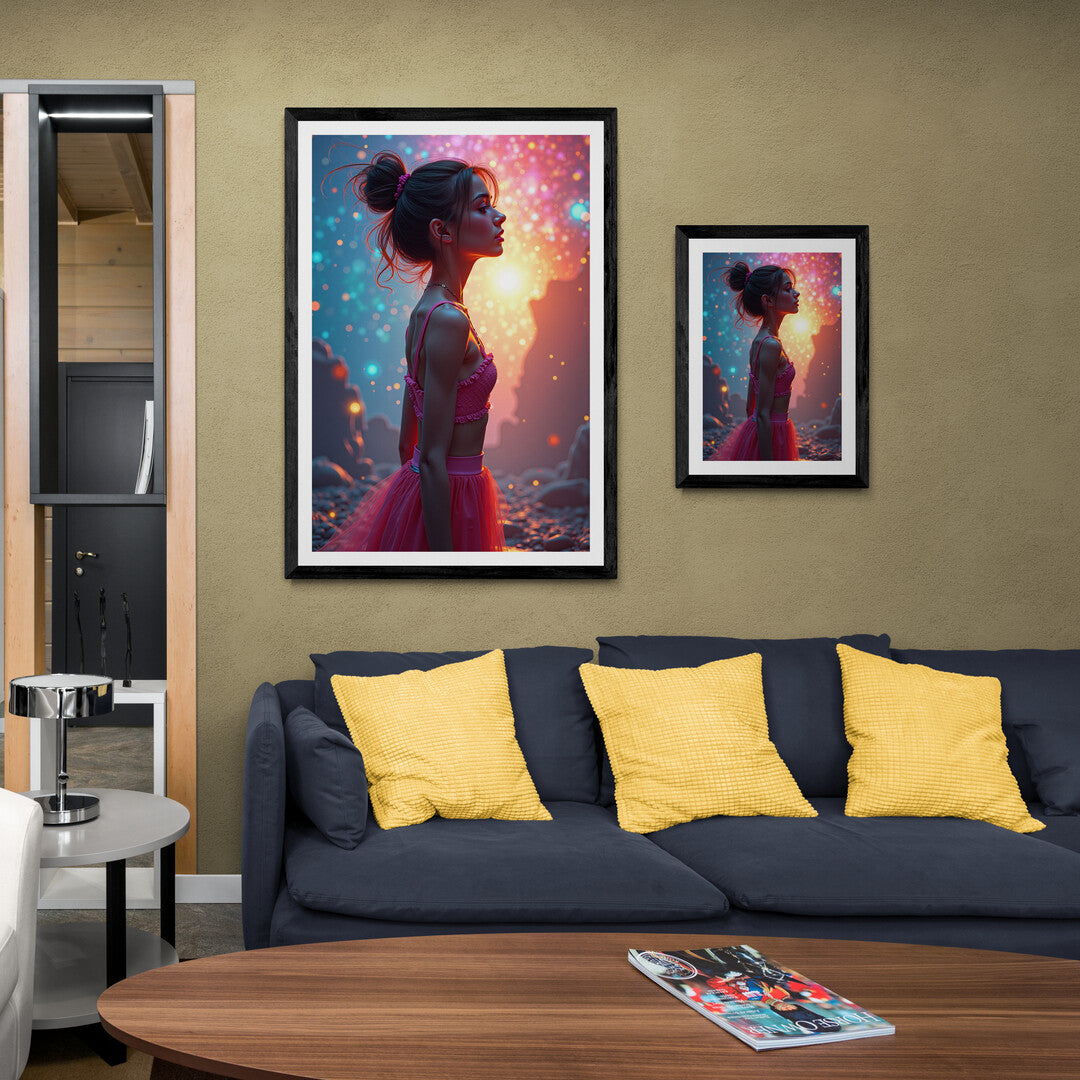 Cosmic-themed wall art showcasing a woman in radiant light, available as premium art prints to shop online.