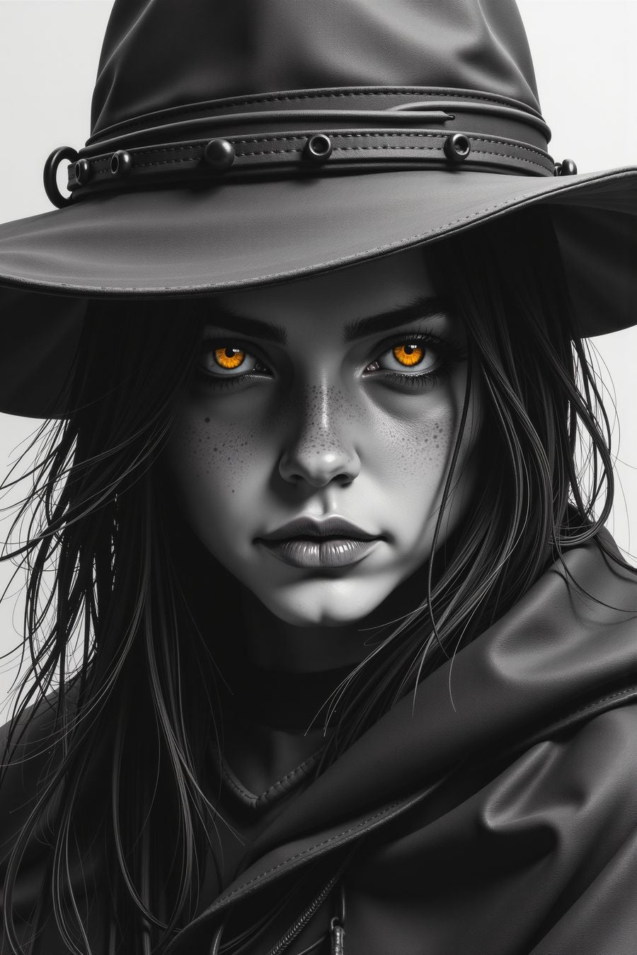 The Enigmatic Watcher artwork featuring a woman with golden eyes, perfect for premium art prints and home decor