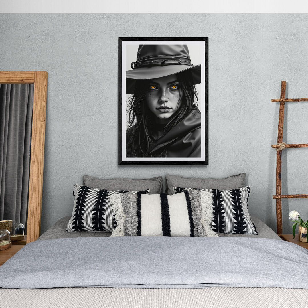 Mystical portrait of a woman in a wide-brimmed hat, ideal for wall art and stylish home decoration