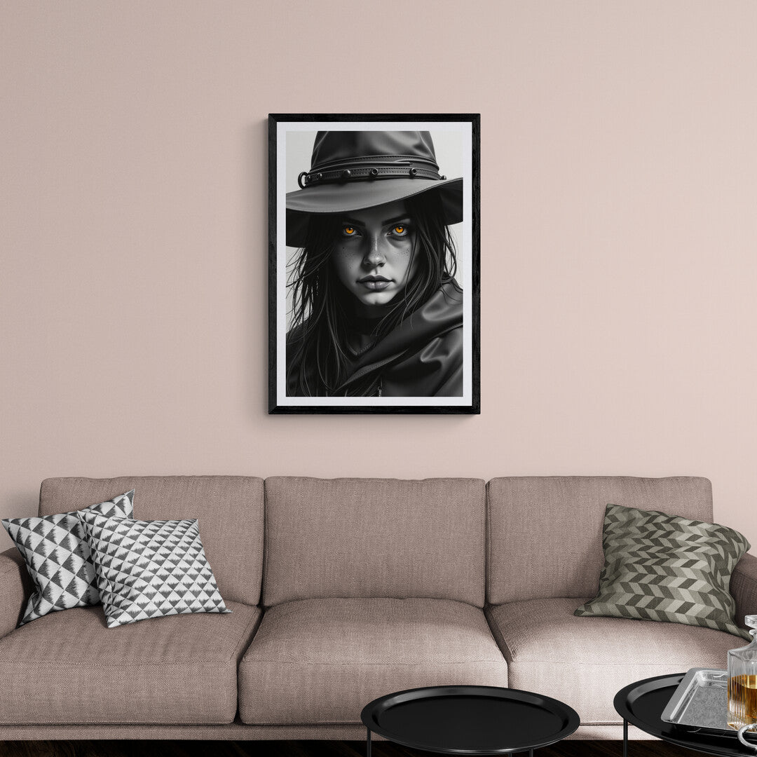 Captivating wall art of a mysterious woman with striking golden eyes, perfect for modern home decor