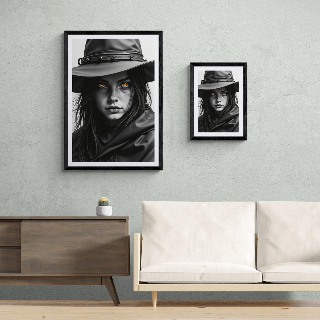 Golden-eyed woman in black cloak and hat, available as premium posters and art prints for your home