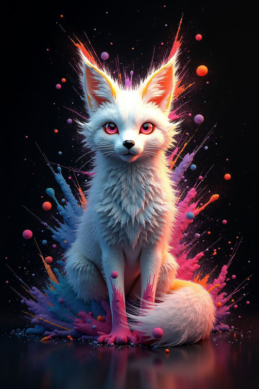 1.	White fox surrounded by vibrant cosmic splashes in pink, orange, and blue – perfect for premium posters and wall art decor.