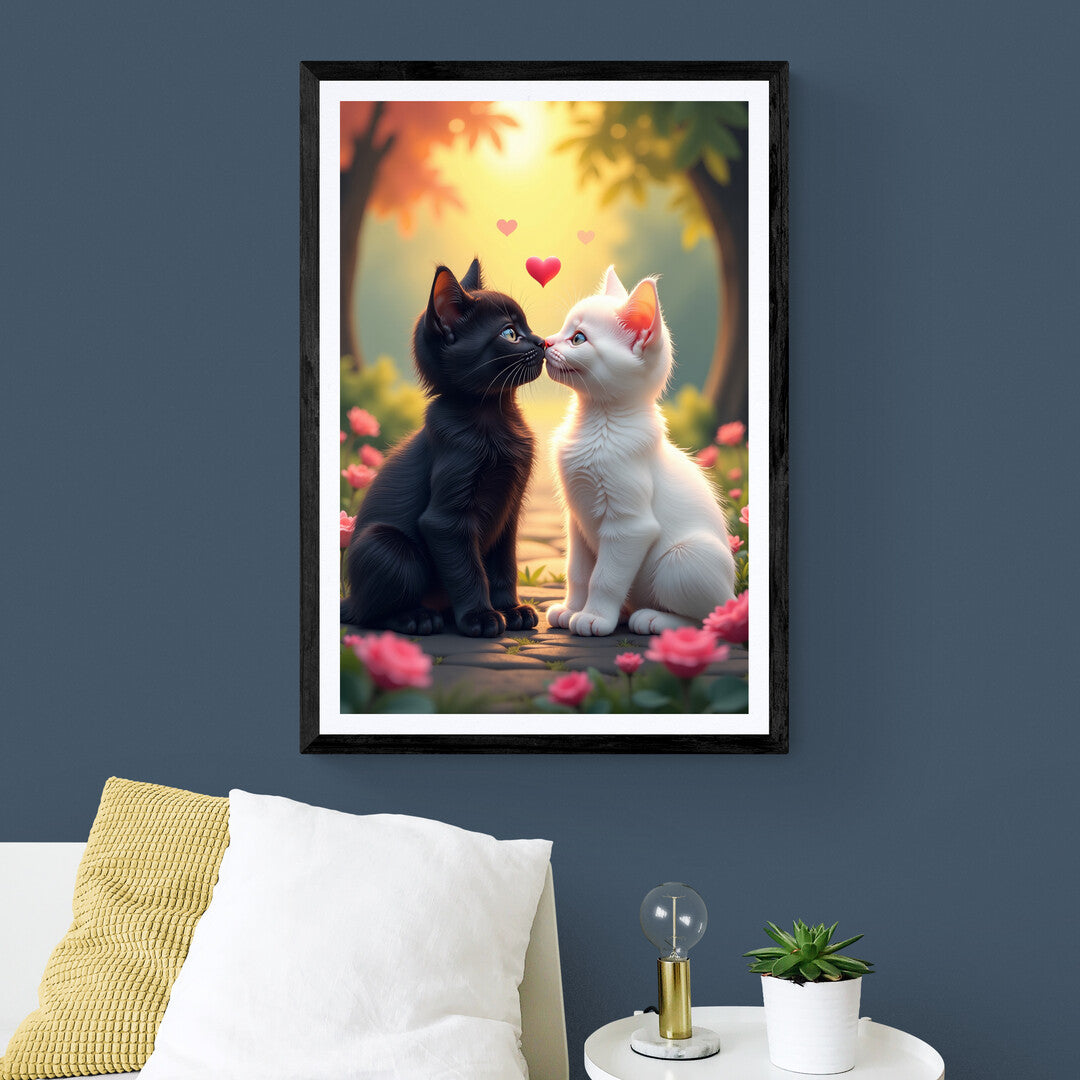 Black and white cats nose-to-nose under a glowing sunset, ideal for posters and art prints to shop online.