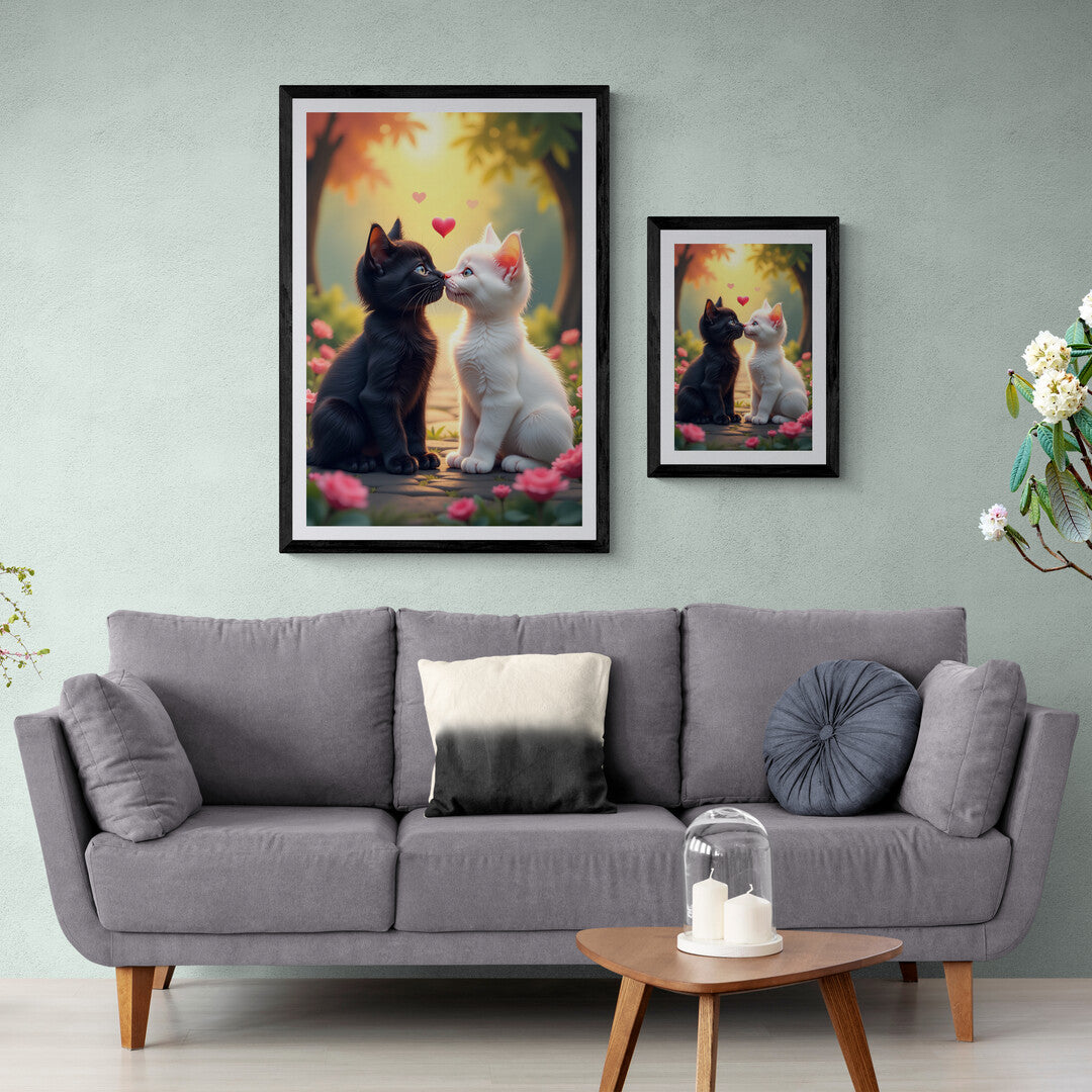 Romantic feline artwork with heart icons and floral surroundings, perfect for elegant home decor and wall art.