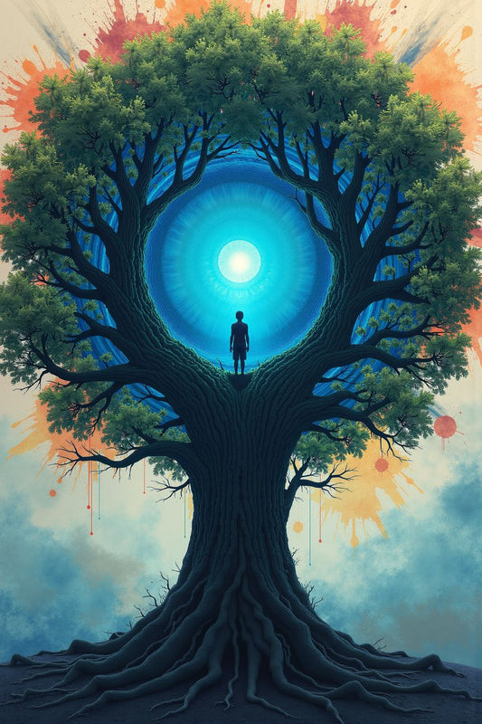 The Lone Journey to Light - Silhouette figure on a tree with radiant blue portal, premium wall art for home decor