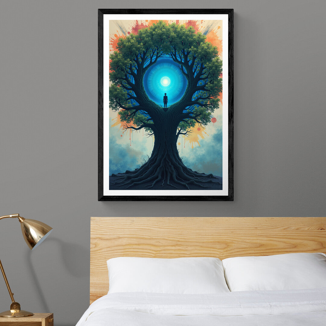 Ethereal tree artwork with glowing blue light, inspiring art print for modern home decor