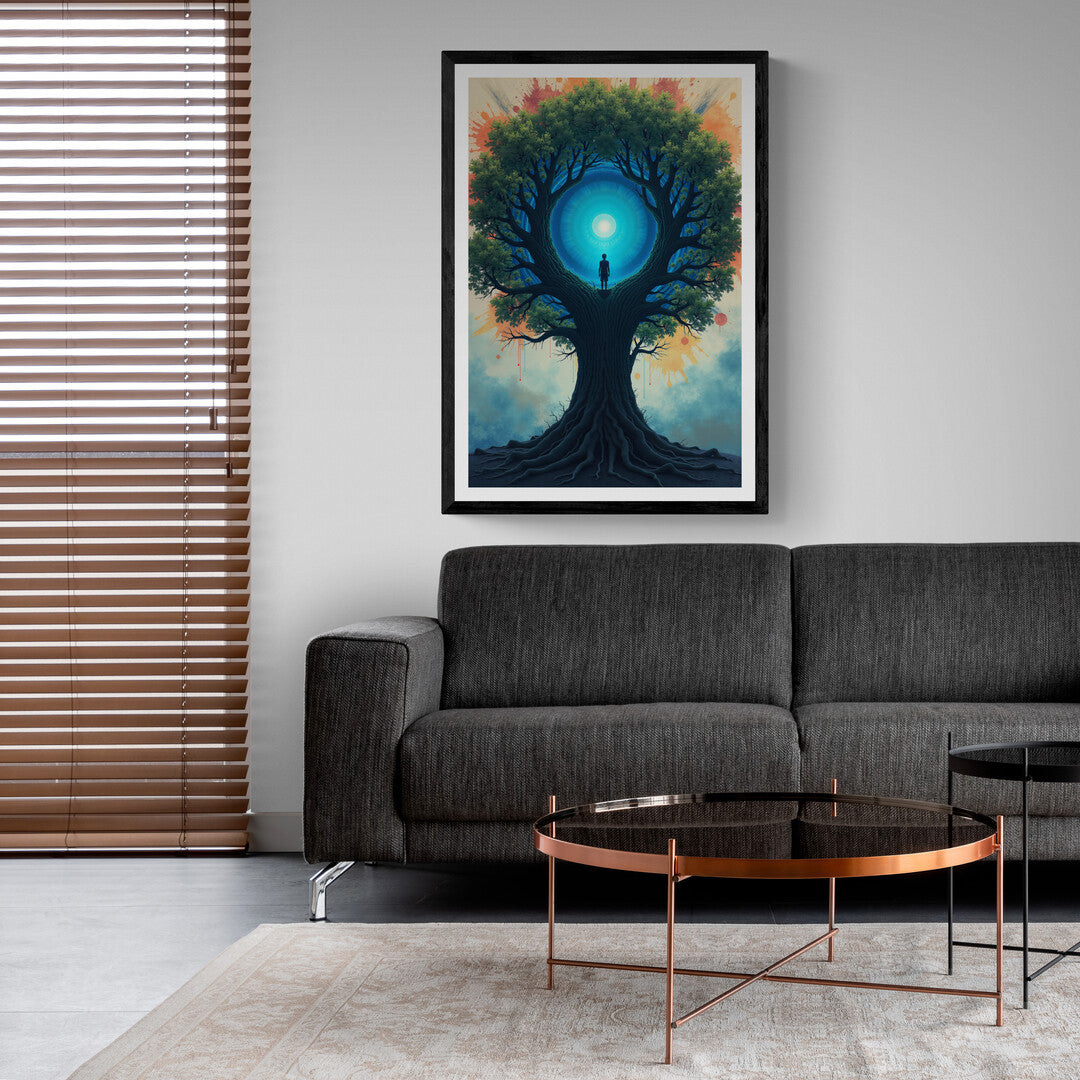 Lone figure standing on tree branches with cosmic blue portal, ideal wall art for living rooms