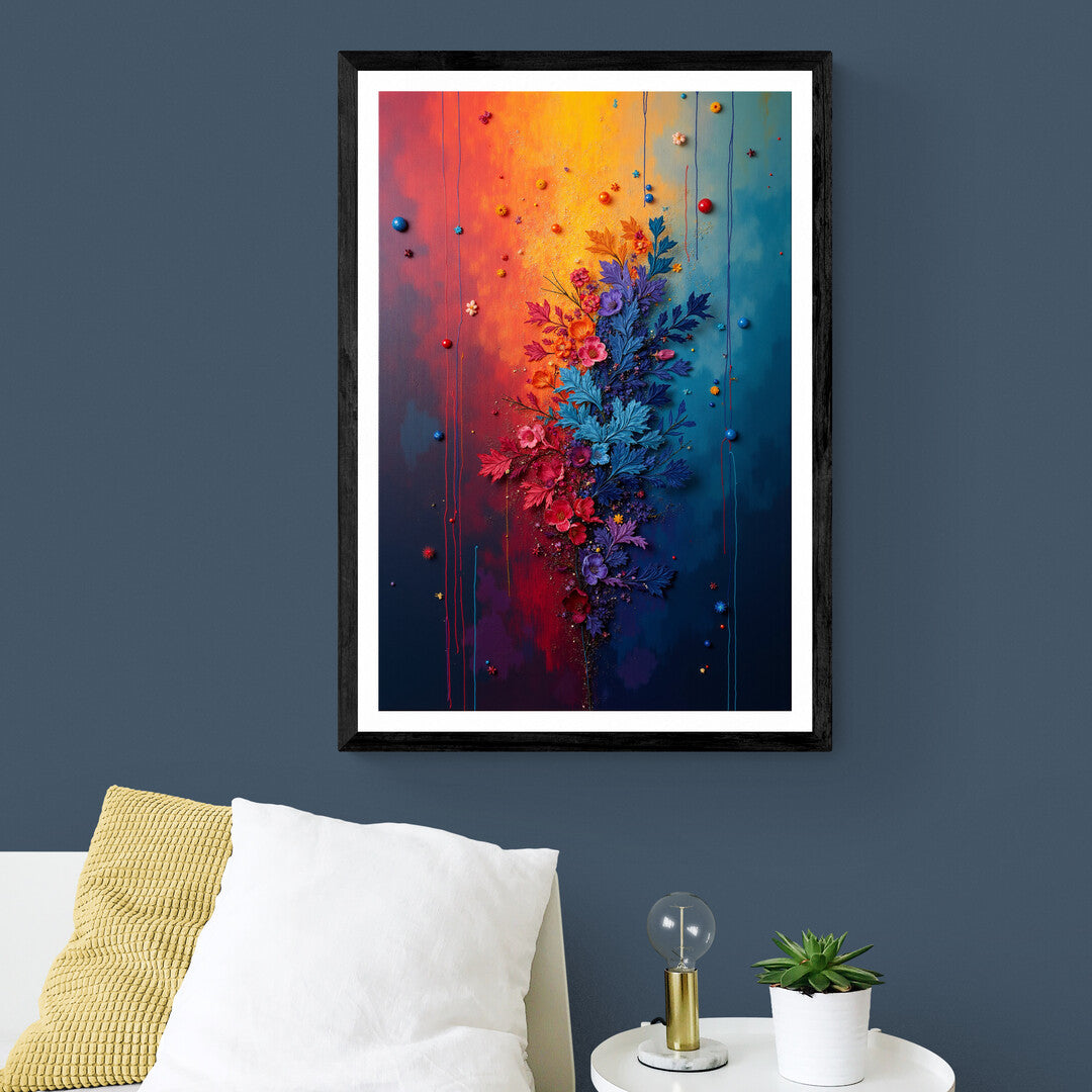 Colorful floral design blending reds, oranges, blues, and purples, ideal for art prints, premium posters, and elegant wall decor