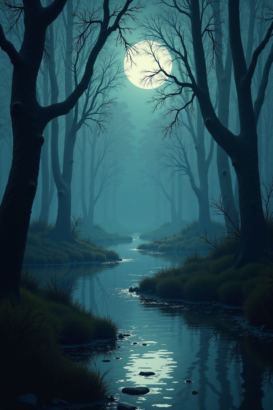 Serene moonlit creek in a forest, perfect for art prints and premium wall art for home decor