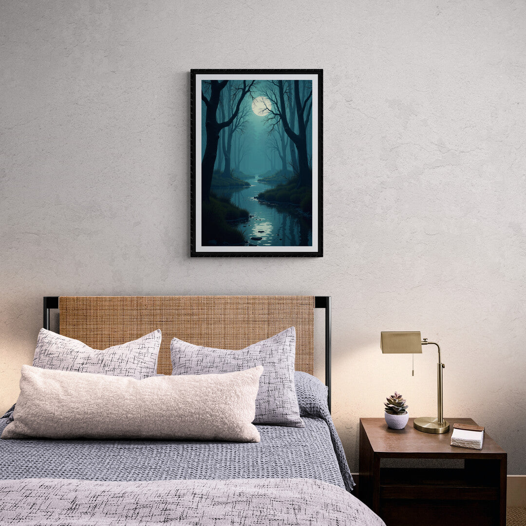 Tranquil forest scene with a glowing moon reflected on a peaceful stream, ideal for premium posters and home decor