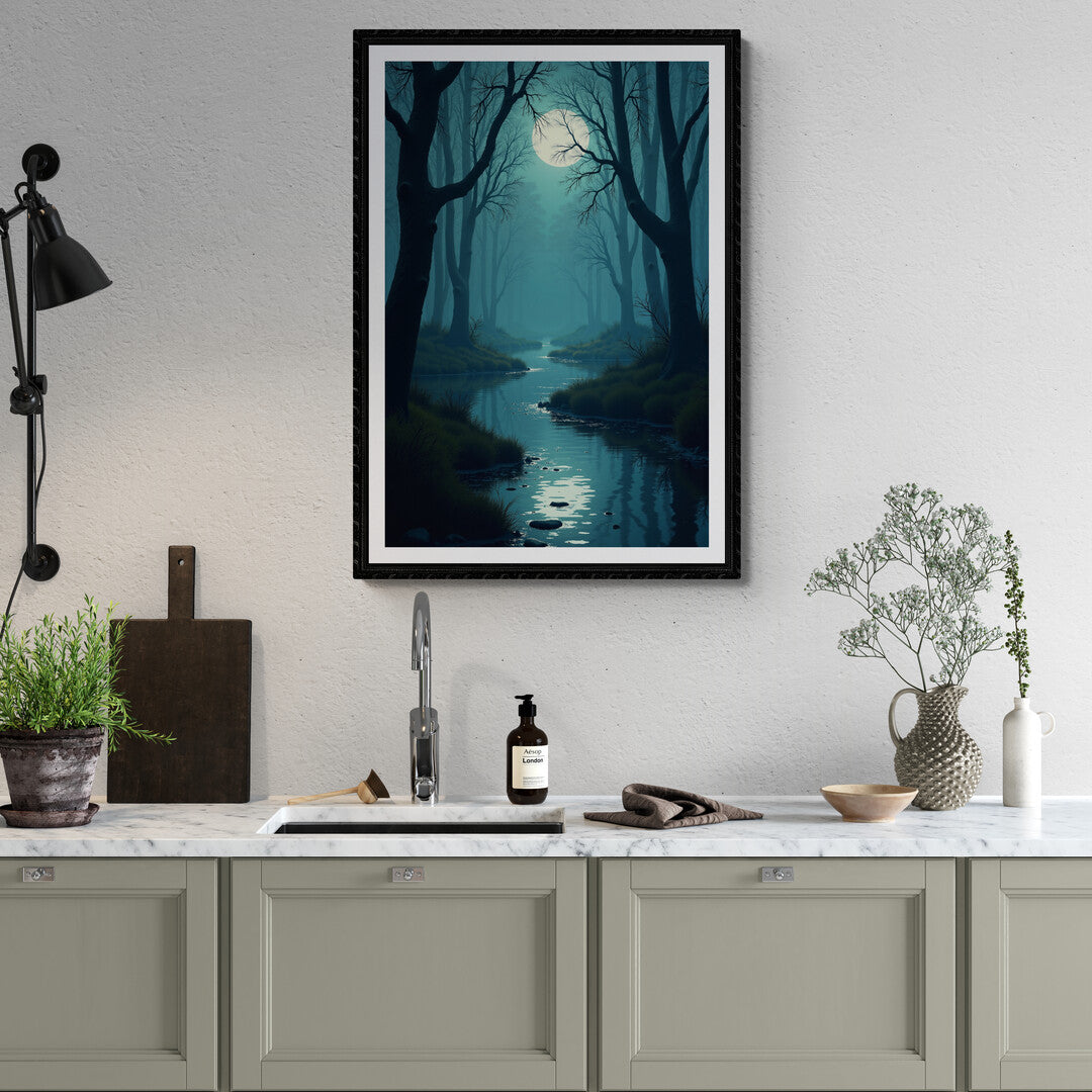 Mystical moonlit stream surrounded by trees, perfect for elevating home decor with art prints and premium posters