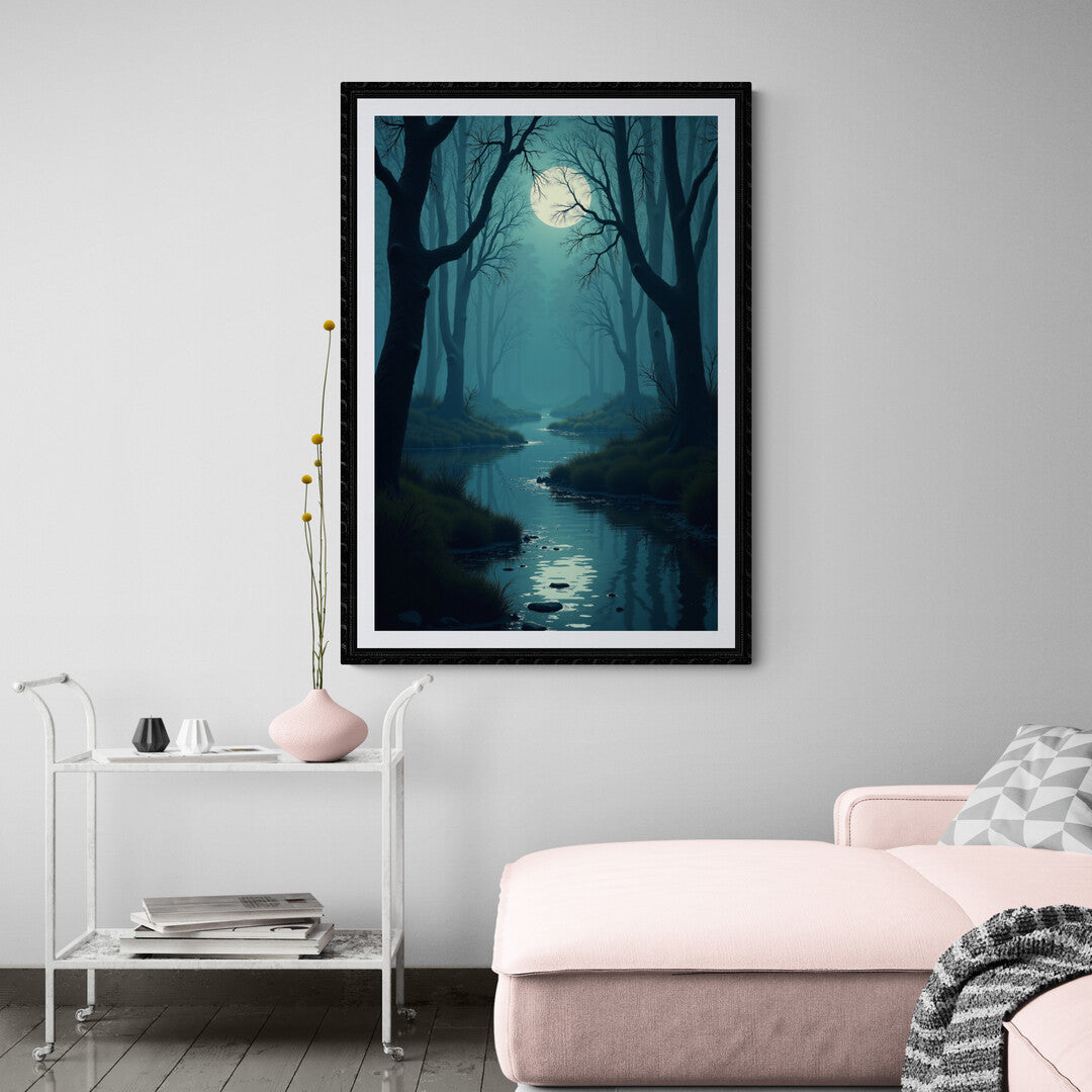 Dreamy forest under a full moon with a shimmering creek, designed for stunning wall art and elegant home decoration